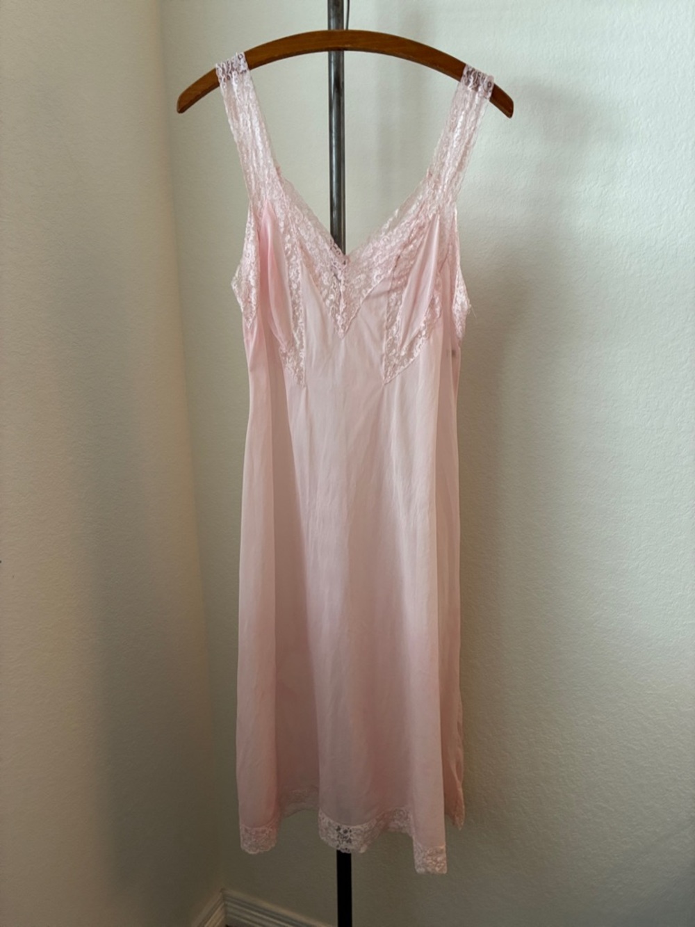 Vintage 60s 70s sz M Full Midi Slip Dress Light Pink Lace Nylon Grunge